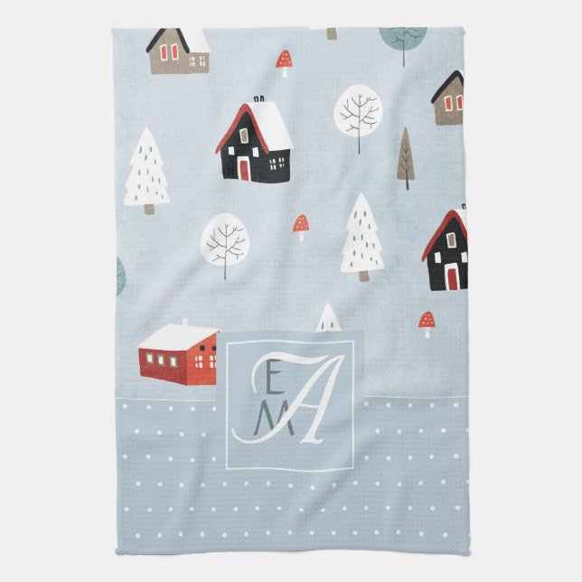 Winter Woodland Scandinavian Monogrammed Decor Kitchen Towel (Vertical)