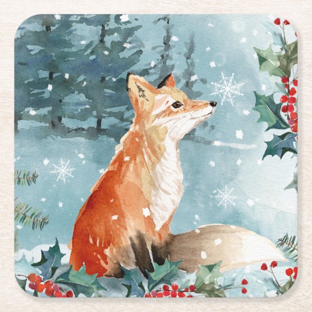 Winter woodland scene, fox Christmas Square Paper Coaster (Front)