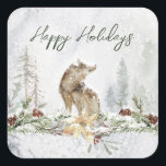 Winter Woodland Scene Wolf Christmas Sticker<br><div class="desc">This design features a watercolor illustration of a wintry woodland scene with wolf.</div>