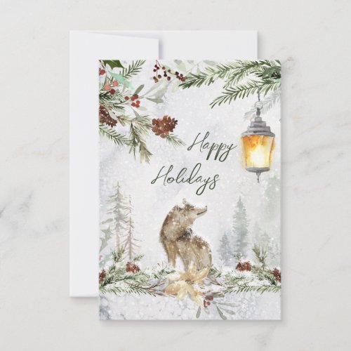 Winter woodland scene wolf Flat Card