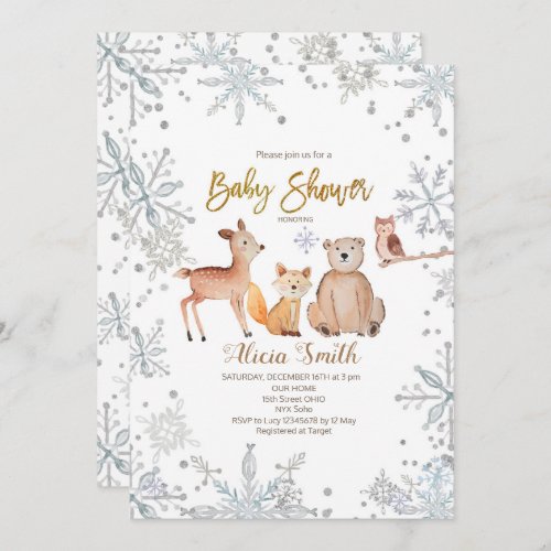 Winter Woodland Silver Baby Shower Invitation