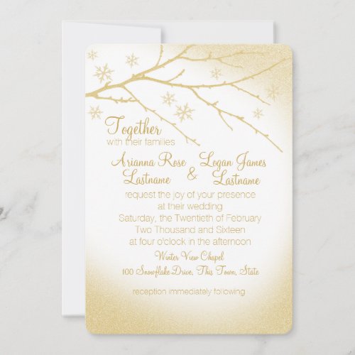 Winter Woodland Snowflakes Gold Wedding Invitation
