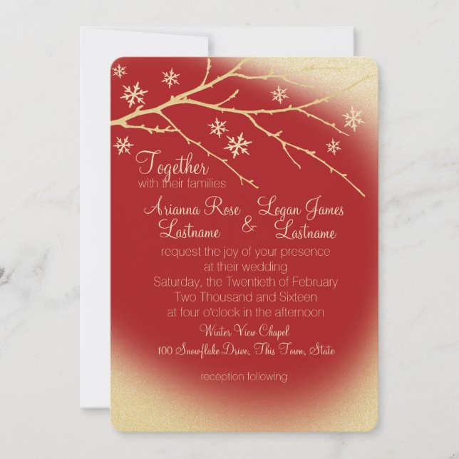 Winter Woodland Snowflakes Red and Gold Wedding Invitation (Front)