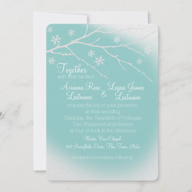 Winter Woodland Snowflakes Silver Grey and Aqua Invitation (Front)