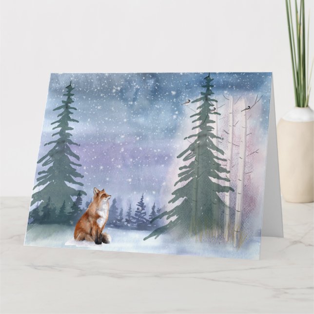 Winter Woodland Snowy Fox & Bird Card (Front)