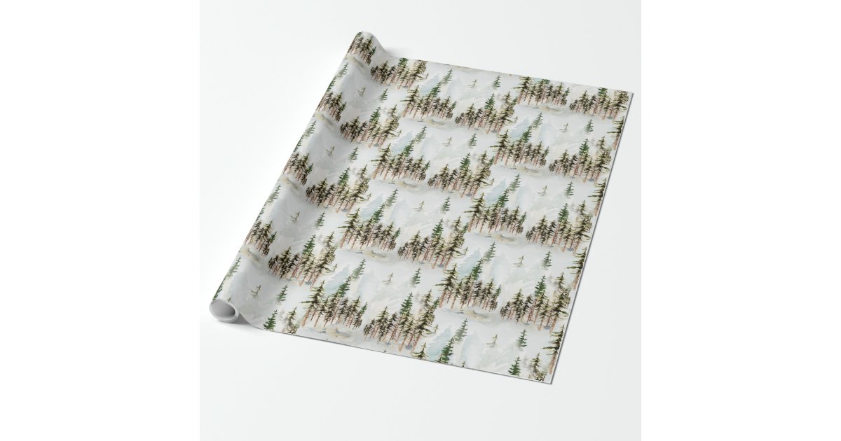 Kraft Winter Pine Green Watercolor Tree Wrapping Paper