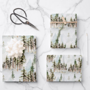 Winter Woodland Snowy Pine Tree Forest Scene Wrapping Paper Sheets