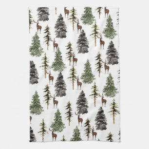Winter Woodland Snowy Spruce Trees & Stag Kitchen Towel