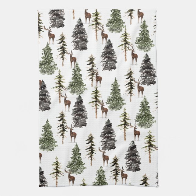 Winter Woodland Snowy Spruce Trees & Stag Kitchen Towel (Vertical)