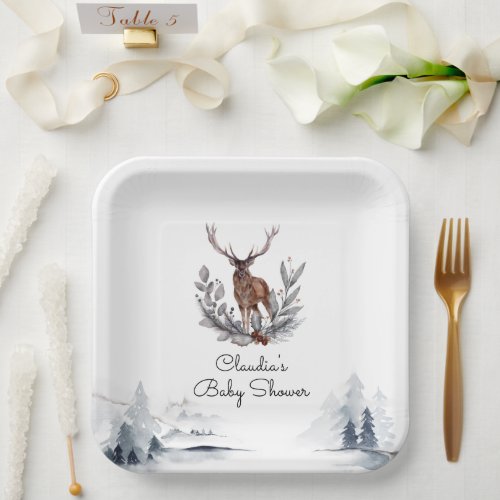 Winter Woodland Stag Modern Script Baby Shower Paper Plates