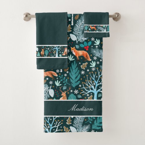 Winter Woodland TealGold ID785 Bath Towel Set