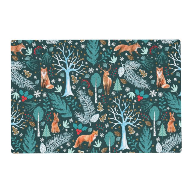 Winter Woodland Teal/Gold ID785 Placemat (Front)