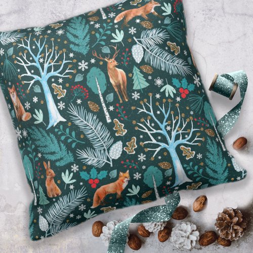 Winter Woodland TealGold ID785 Throw Pillow