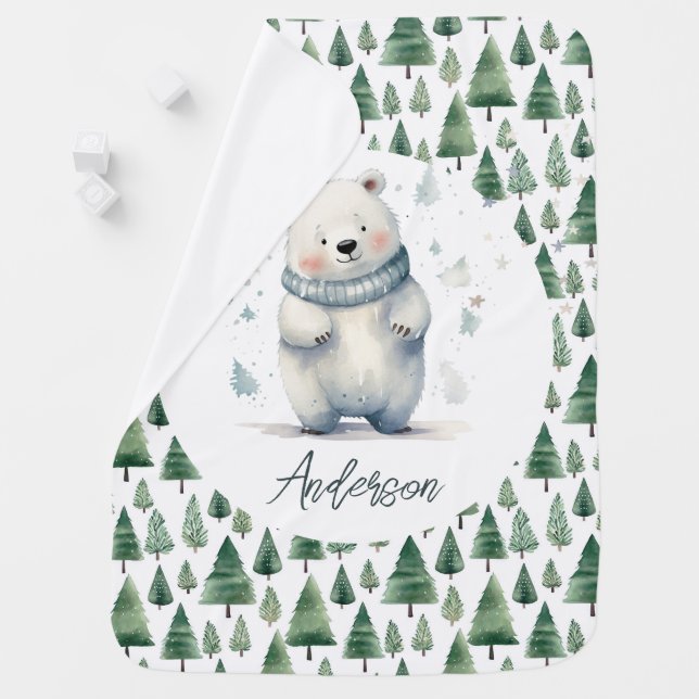 Winter Woodland Teddy Bear Name Baby Blanket (In Situ)