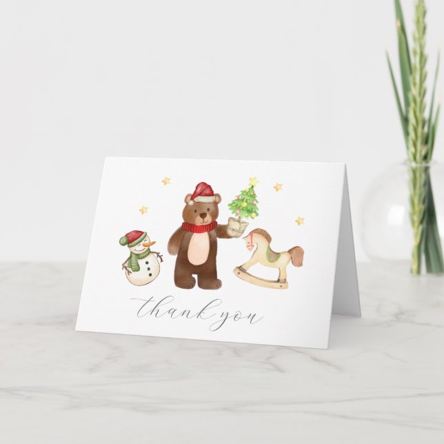 Winter Woodland Teddy Bear Snowman Baby Shower Thank You Card (Front)