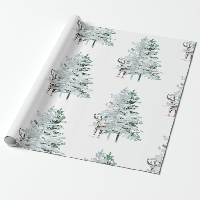 Winter Woodland Trees & Deer Wrapping Paper (Unrolled)