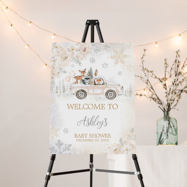 Winter Woodland Truck Baby Shower Welcome Sign (In Situ (Stand))
