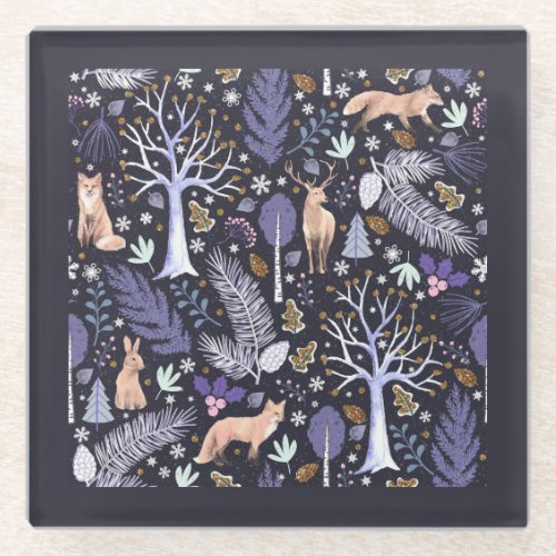 Winter Woodland VioletGold ID785 Glass Coaster