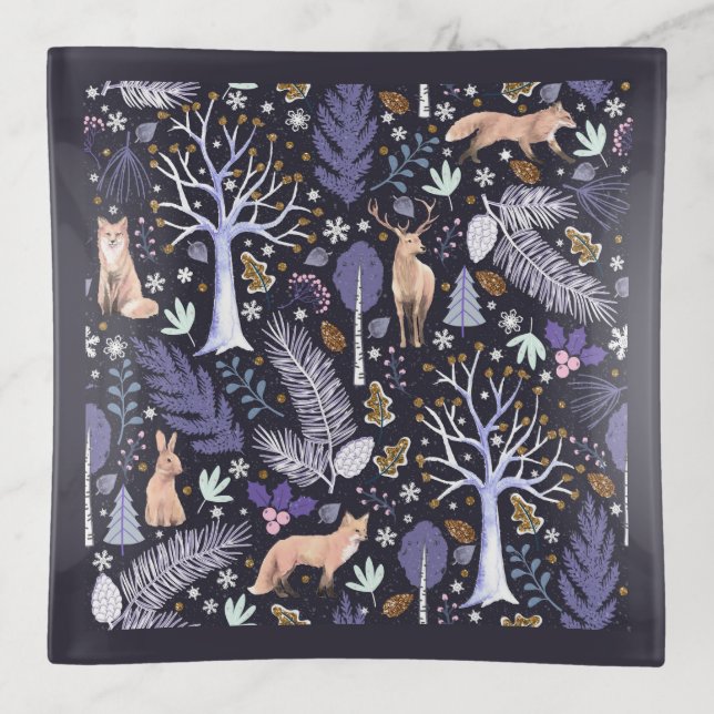 Winter Woodland Violet/Gold ID785 Trinket Tray (Front)