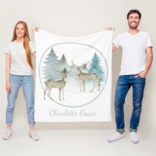 Winter Woodland Watercolor Christmas Deer Fleece Blanket (In Situ)