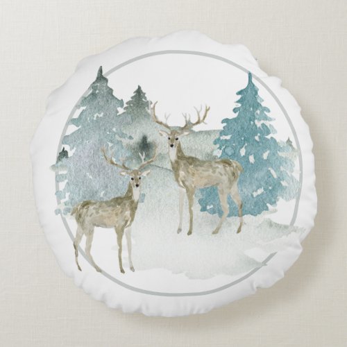 Winter Woodland Watercolor Christmas Deer Round Pillow