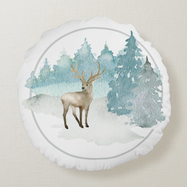 Winter Woodland Watercolor Christmas Deer Round Pillow (Back)