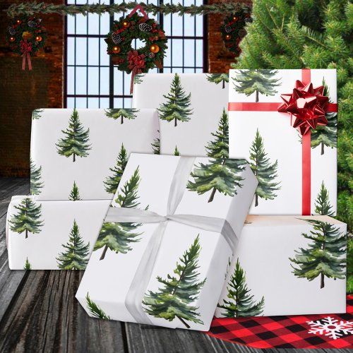 Winter Woodland Watercolour Fir Trees Wrapping Paper
