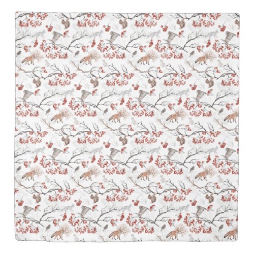 Winter Woodland Wildlife Fox Squirrel Berries Twig Duvet Cover