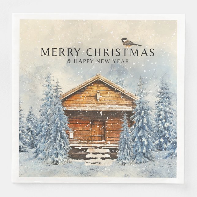 Winter Woodland Winter Cabin Chickadee -Christmas Paper Dinner Napkins (Front)