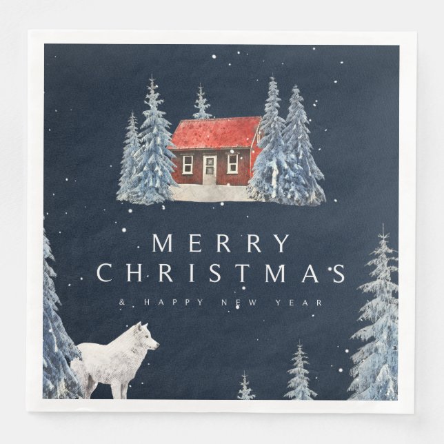 Winter Woodland Winter Cabin with Wolf Christmas Paper Dinner Napkins (Front)