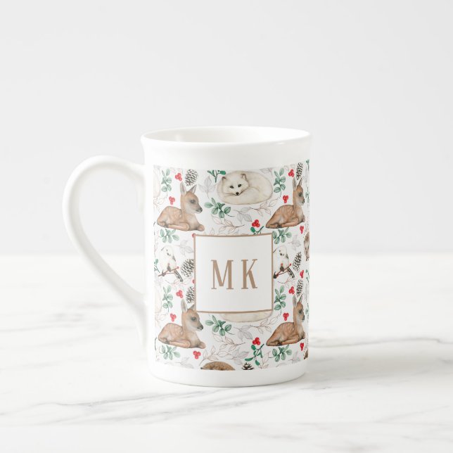 Winter Woodland with Initials Bone China Mug (Left)
