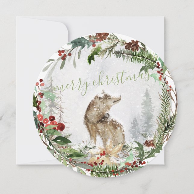 Winter Woodland Wolf Wreath Ornament Card (Front)