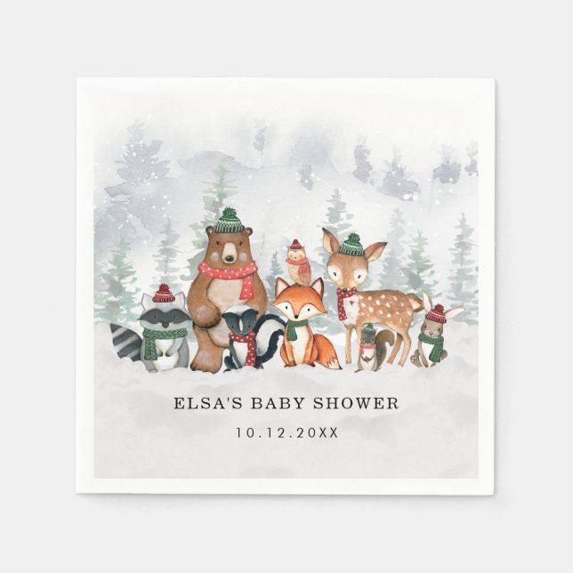 Winter Woodland Wonderland Forest Baby Animals Napkins (Front)