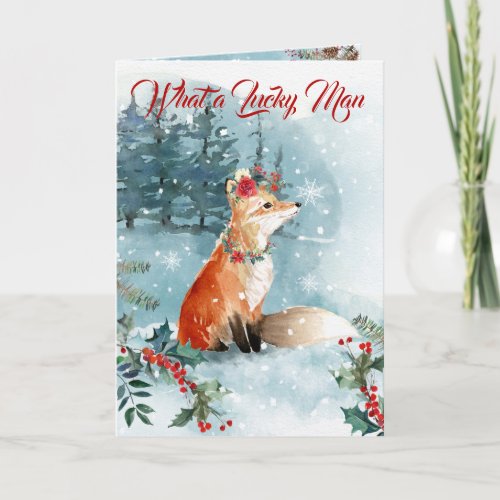 Winter Woodlands Fox Blue Modern Snow Watercolor Holiday Card