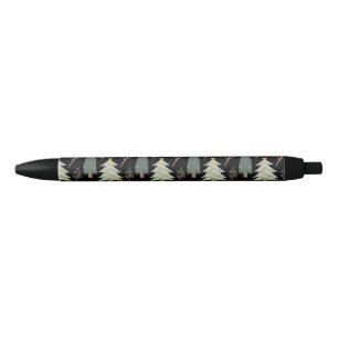 Winter Woods Christmas Trees Modern Pattern Black Pen