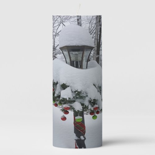 Winter Woods Snowy Lamppost Holiday Christmas Pillar Candle