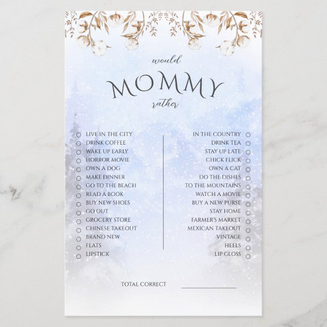 Winter Would Mommy Rather Baby Shower Game (Front)