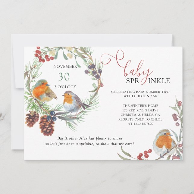 Winter Wreath and Christmas Robin Baby Sprinkle Invitation (Front)