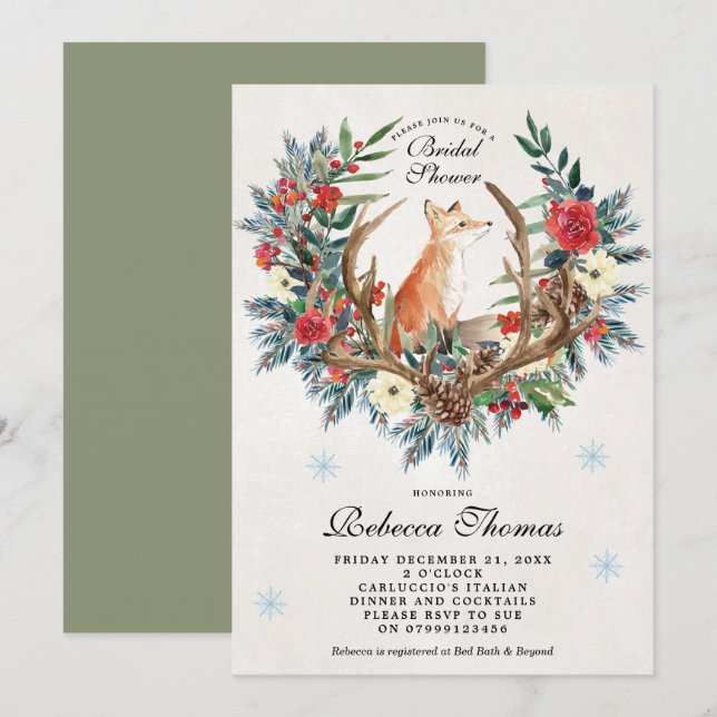 winter wreath and fox bridal shower invitation (Front/Back)