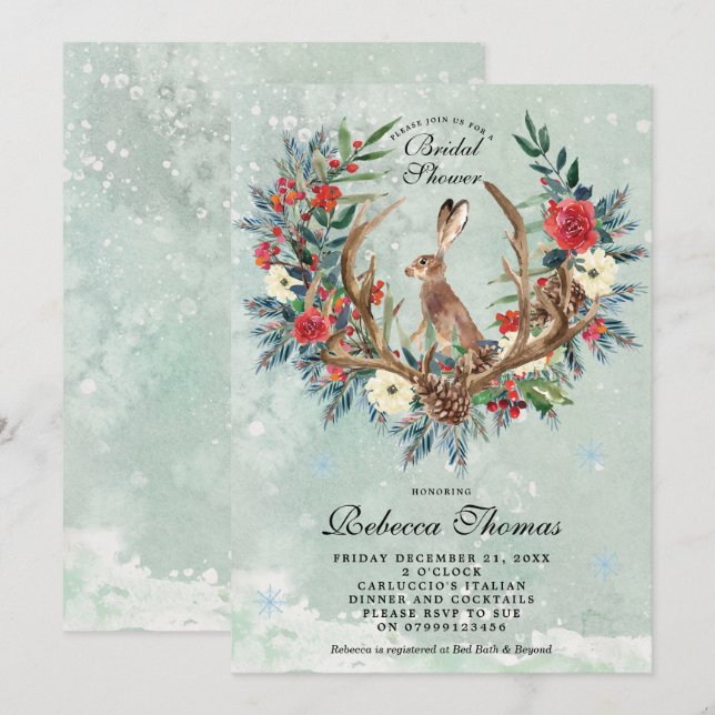winter wreath and hare bridal shower invitation (Front/Back)