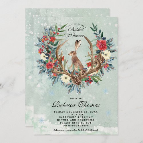 winter wreath and hare bridal shower invitation