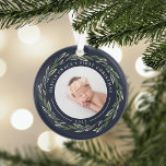 Winter Wreath | Baby's First Christmas Photo Ornament<br><div class="desc">A perfect gift for new parents, this elegant acrylic Christmas ornament features front and back photos encircled by a wreath of dark green leaves and red berries. "[Name's] first Christmas" curves over the top of each photo, with the year beneath. Customize this round ornament with a treasured photo on each...</div>
