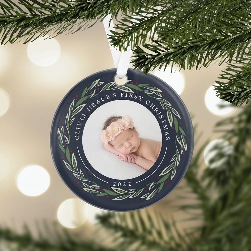 Winter Wreath  Babys First Christmas Photo Ornament
