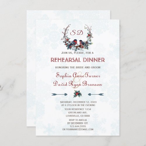 Winter Wreath Berries Bullfinch Rehearsal Dinner Invitation