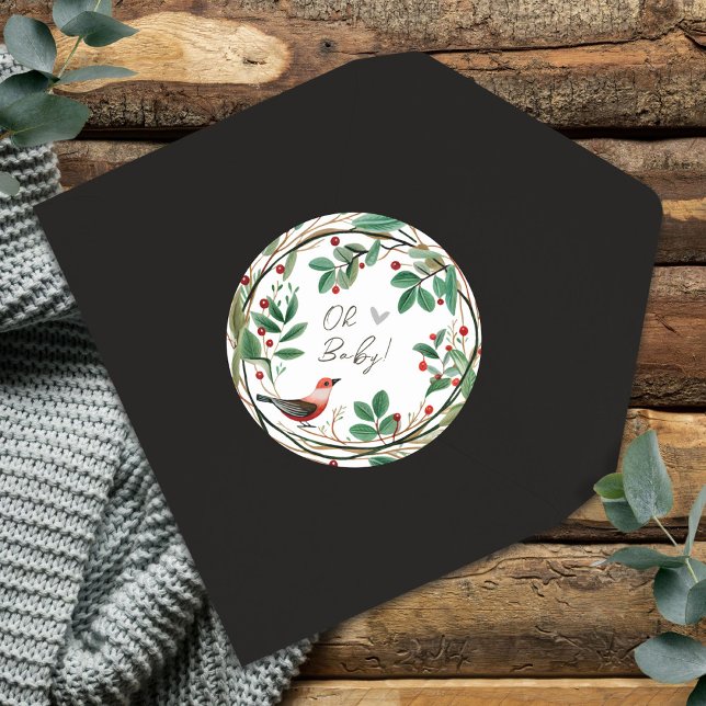Winter Wreath Berry Christmas Baby Shower Classic Round Sticker (Creator Uploaded)