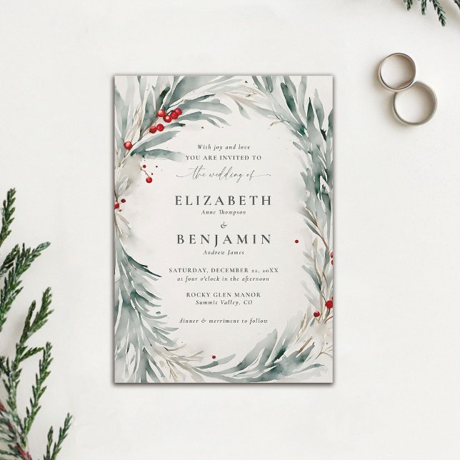 Winter Wreath Christmas Watercolor Elegant Wedding Invitation (winter wedding invitation christmas berries elegant rustic modern botanical frame watercolor chic)