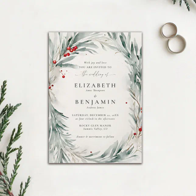 Winter Wreath Christmas Watercolor Elegant Wedding Invitation | Zazzle