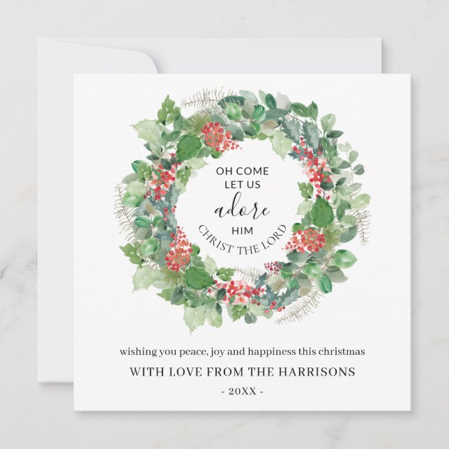 Winter Wreath Come Let Us Adore Him Christmas Card (Front)