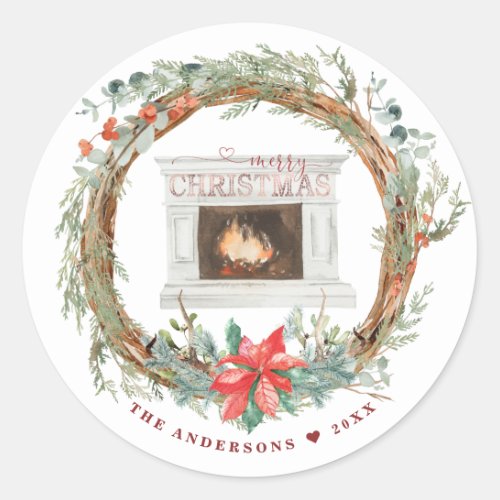 Winter Wreath Cozy Fireplace Merry Christmas Classic Round Sticker