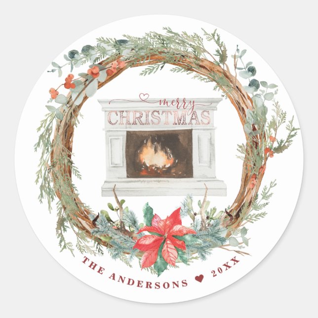 Winter Wreath Cozy Fireplace Merry Christmas Classic Round Sticker (Front)